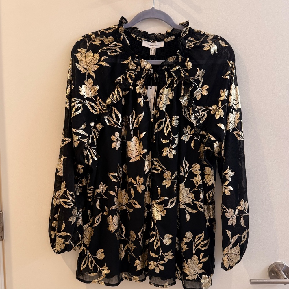 Chic Black and Gold Floral Blouse